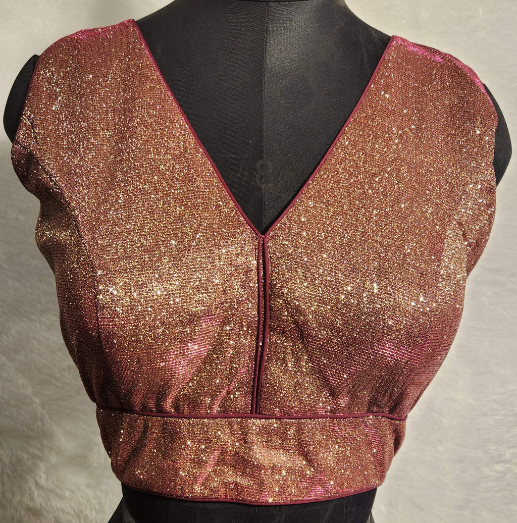 Maroon and golden dual-tone shimmer fabric V-neck blouse