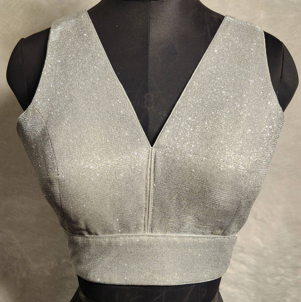 Silver shimmer dual-tone glitter readymade V-neck blouse with gold accents