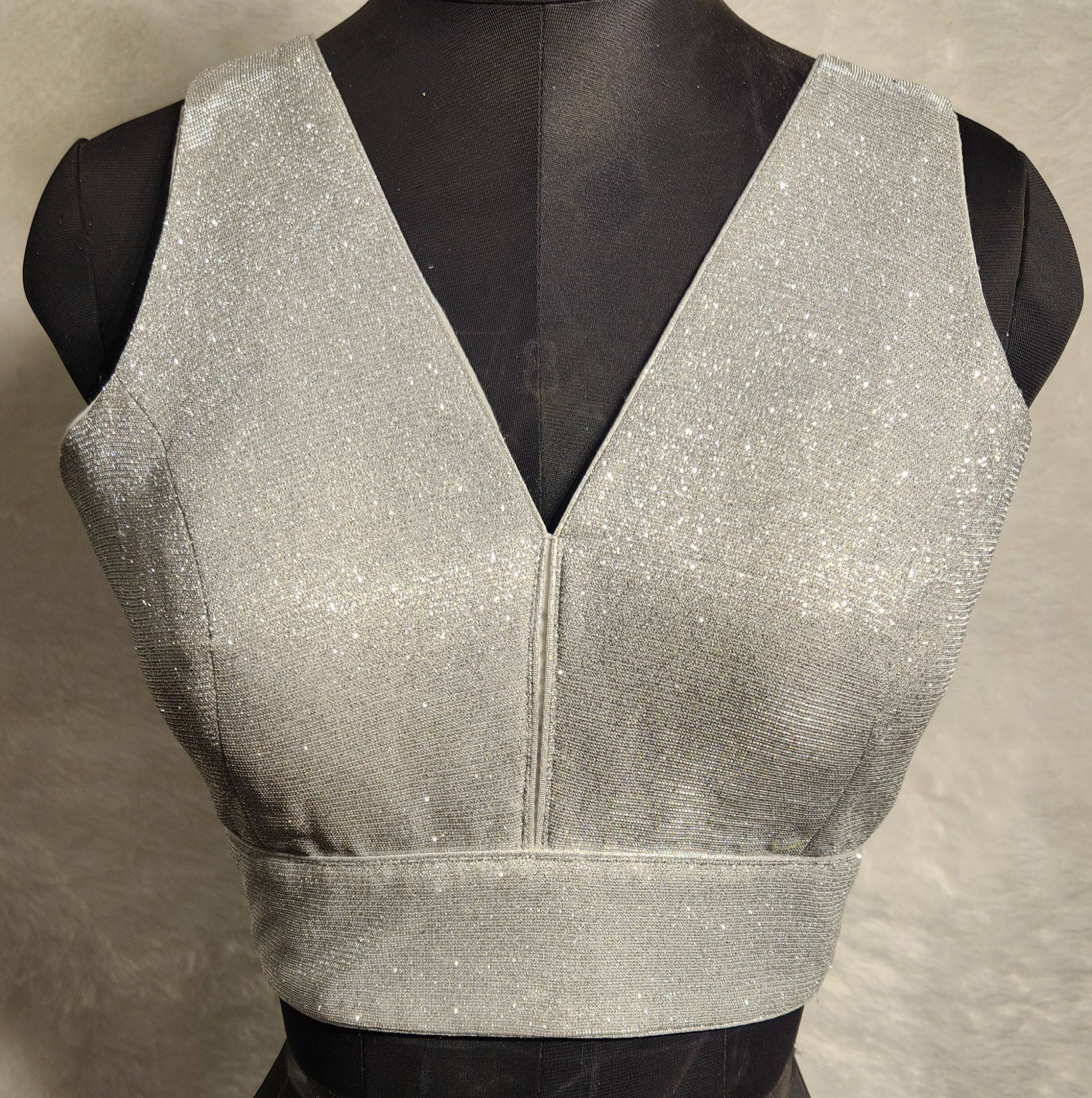 Silver shimmer dual-tone glitter readymade V-neck blouse with gold accents
