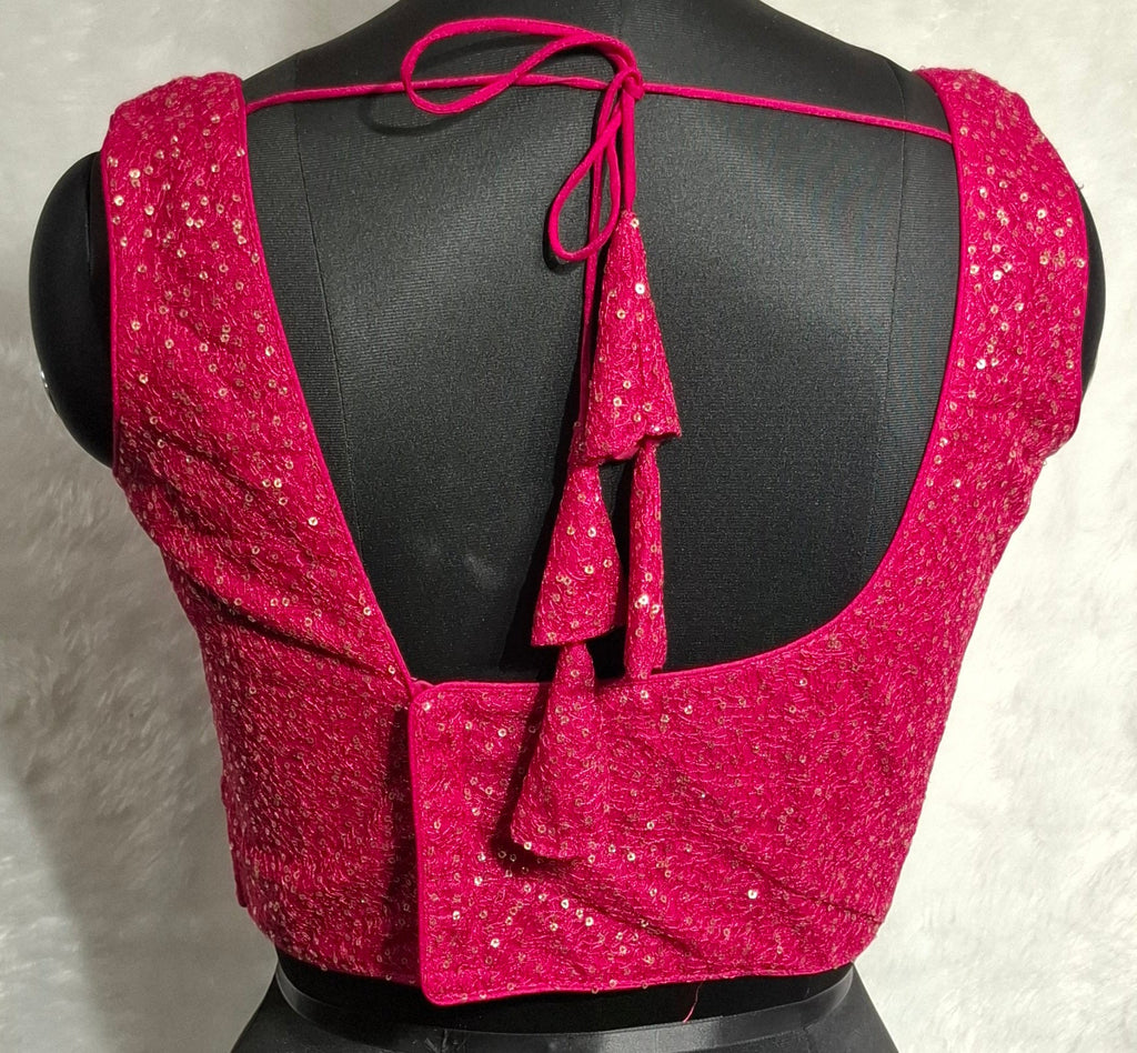 Hot Pink Asymmetrical Net Blouse with Golden Sequin Embellishment