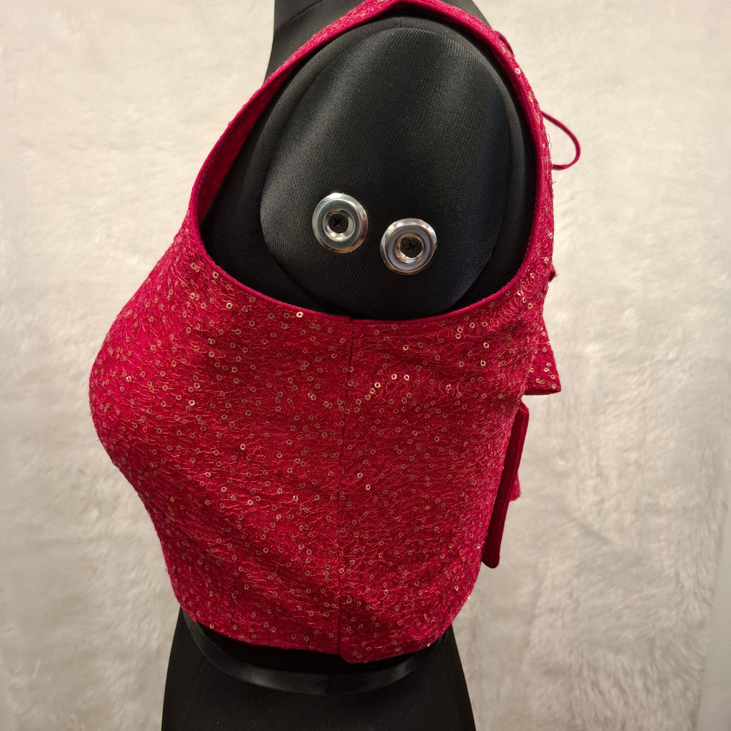 Hot Pink Asymmetrical Net Blouse with Golden Sequin Embellishment