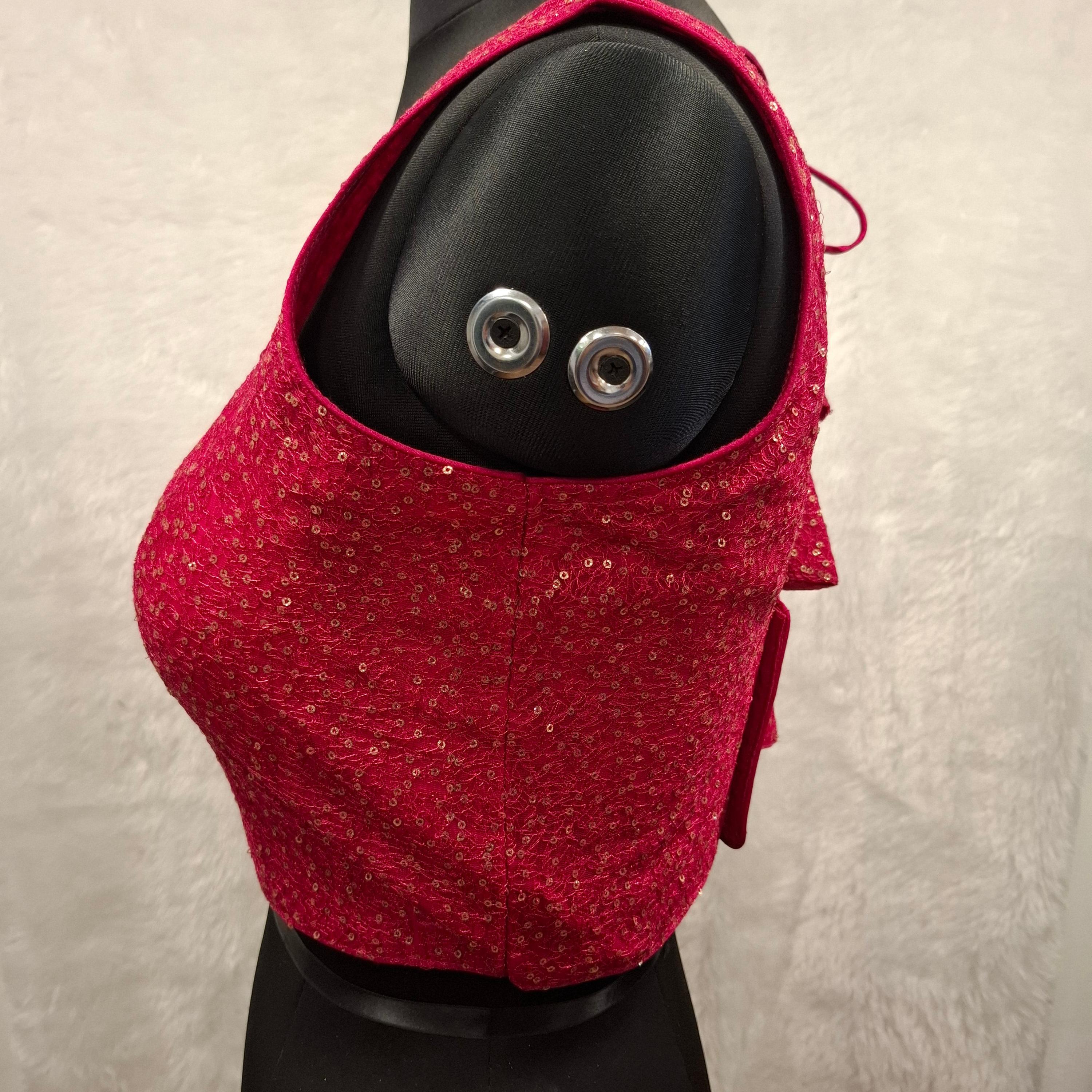 Hot Pink Asymmetrical Net Blouse with Golden Sequin Embellishment