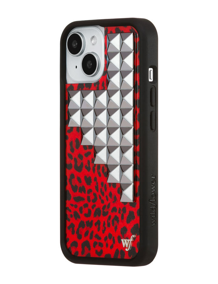 Red Leopard Print iPhone Case with Silver Stud Accents