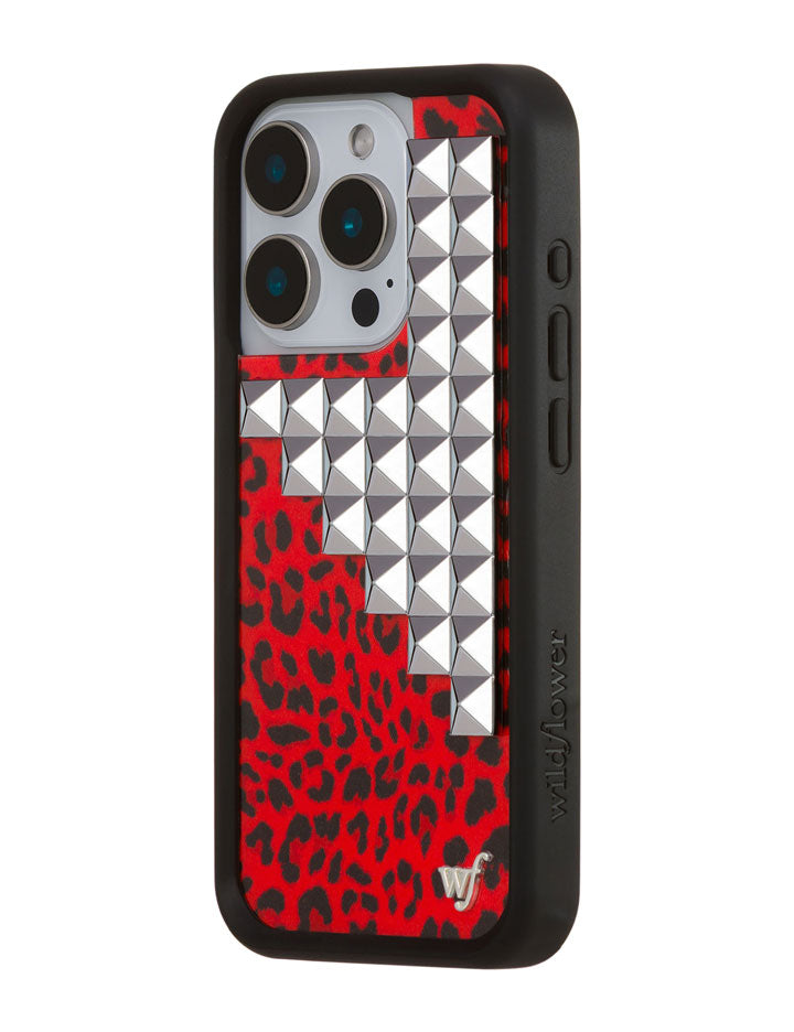 Red Leopard Print iPhone Case with Silver Stud Accents