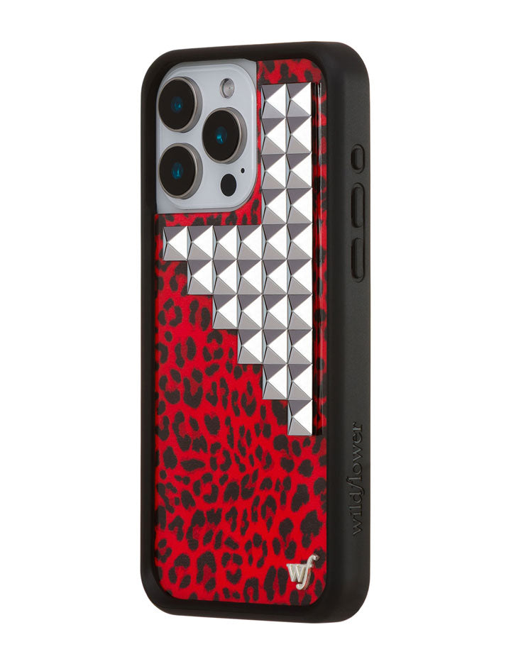 Red Leopard Print iPhone Case with Silver Stud Accents
