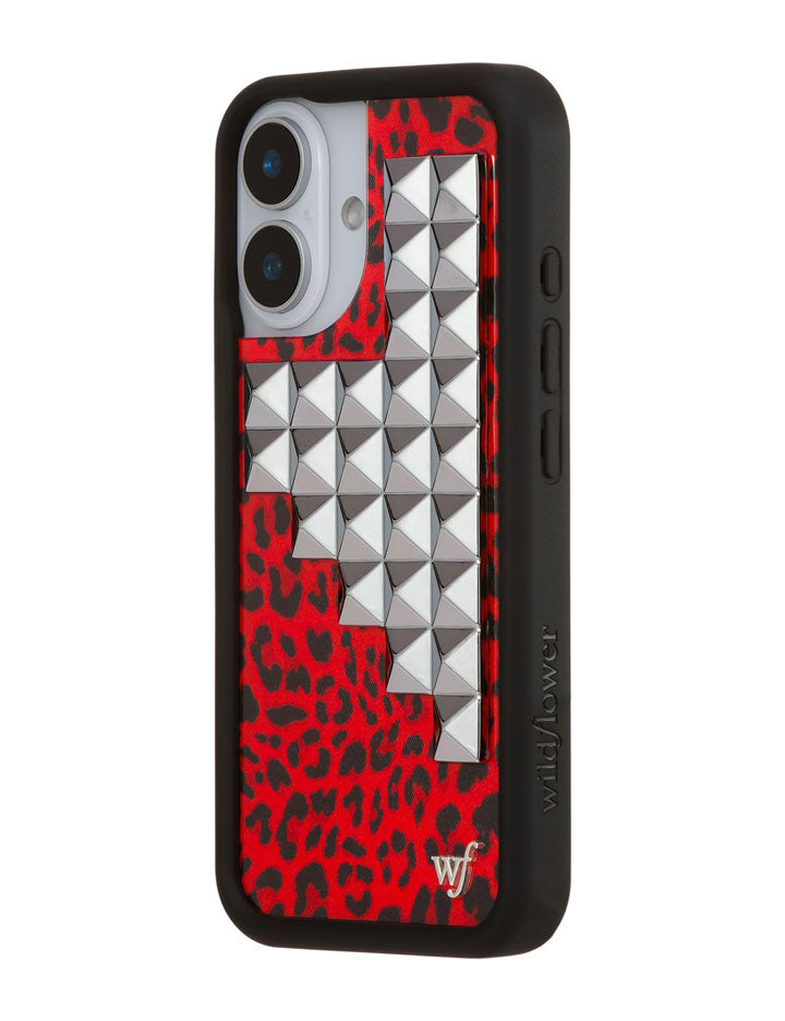 Red Leopard Print iPhone Case with Silver Stud Accents