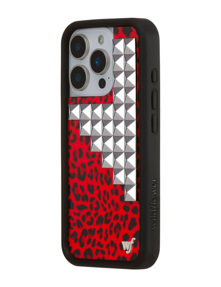 Red Leopard Print iPhone Case with Silver Stud Accents