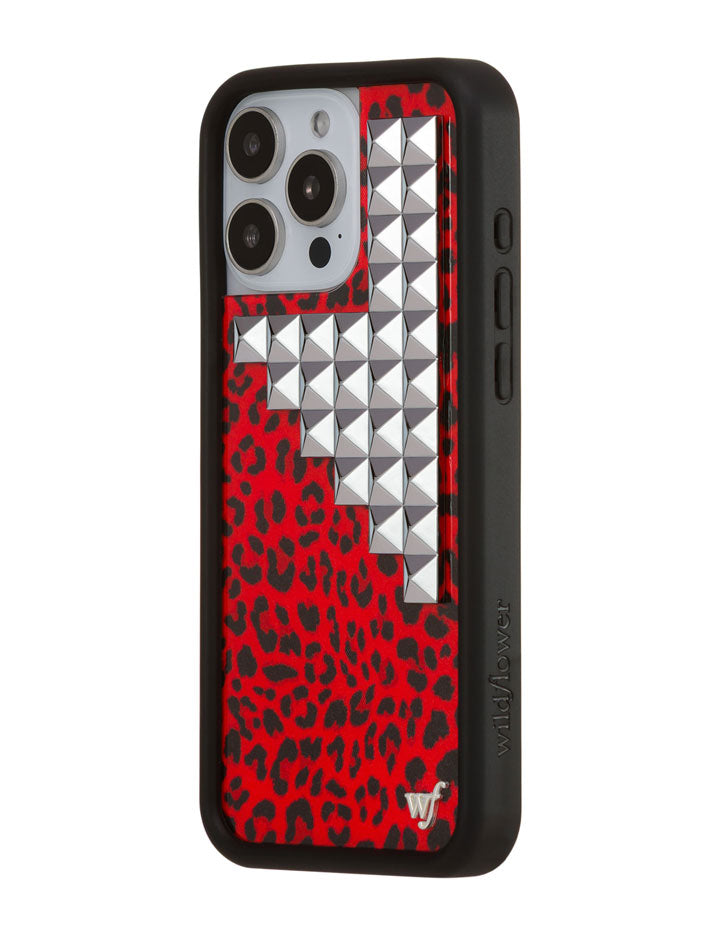 Red Leopard Print iPhone Case with Silver Stud Accents