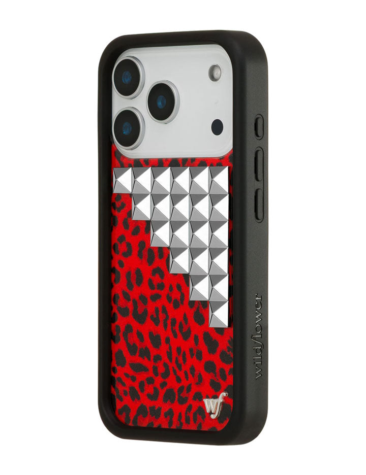 Red Leopard Print iPhone Case with Silver Stud Accents