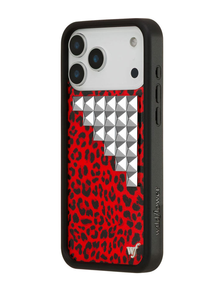 Red Leopard Print iPhone Case with Silver Stud Accents