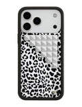 Black and white leopard print iPhone case with silver studs on a white background