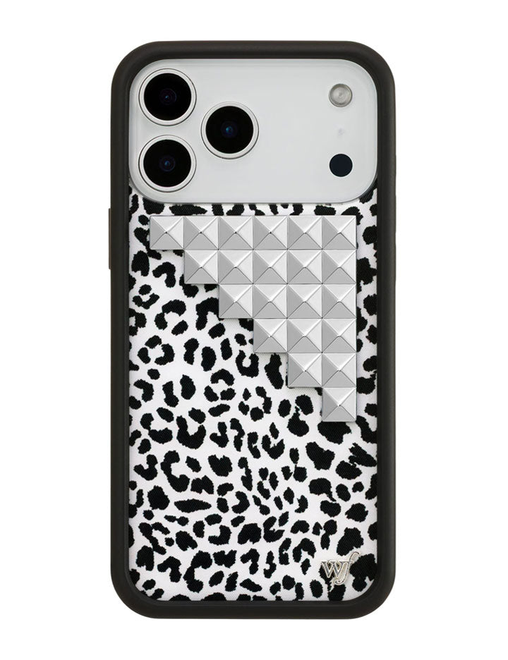 Black and white leopard print iPhone case with silver studs on a white background