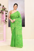 Elegant green embellished Jamdani cotton blend saree draped gracefully