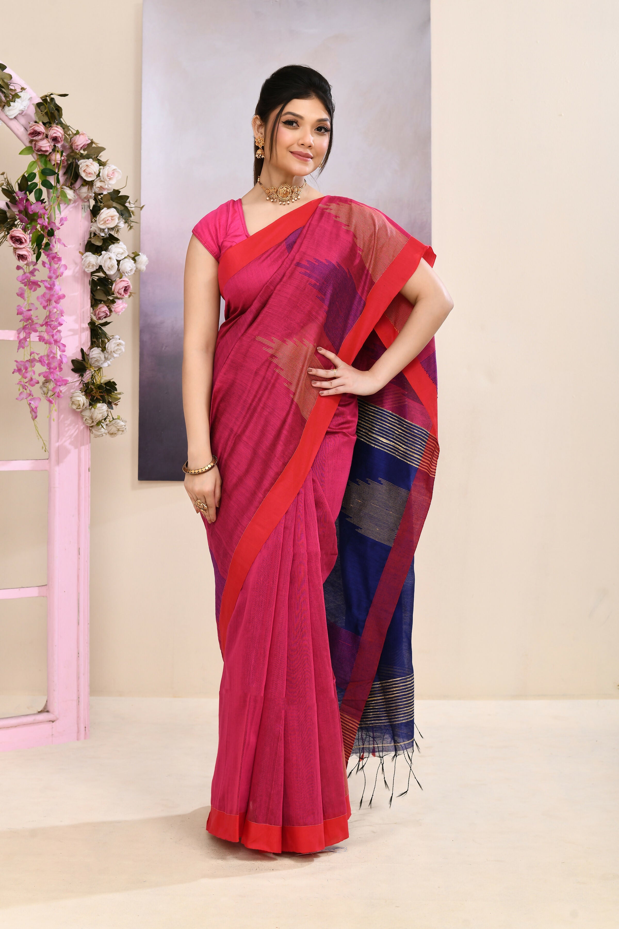 Pink Jamdani Saree with Traditional Temple Border Embellishment
