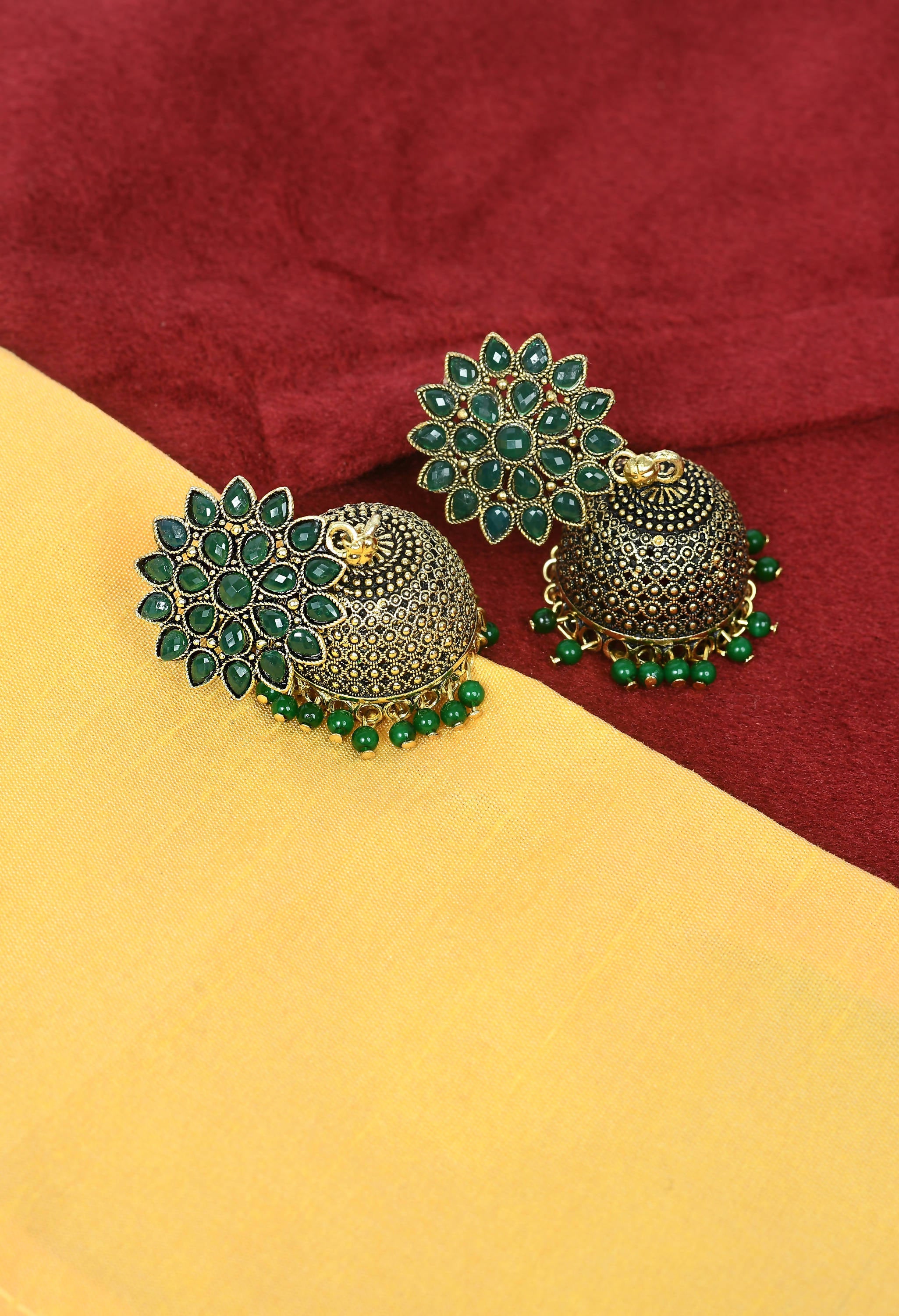 Kundan Work Jhumka Earrings with Green Beads for Girls and Women