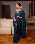 Blue Pure Linen Ethnic Motifs Saree with Unstitched Blouse - Hiral Fashion