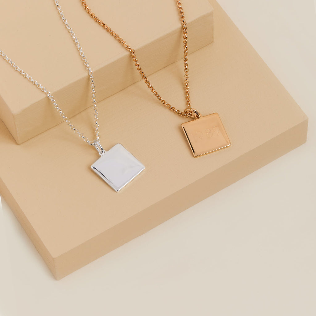 Modern Square Charm Necklace for Women in Gold or Silver 21 Inch