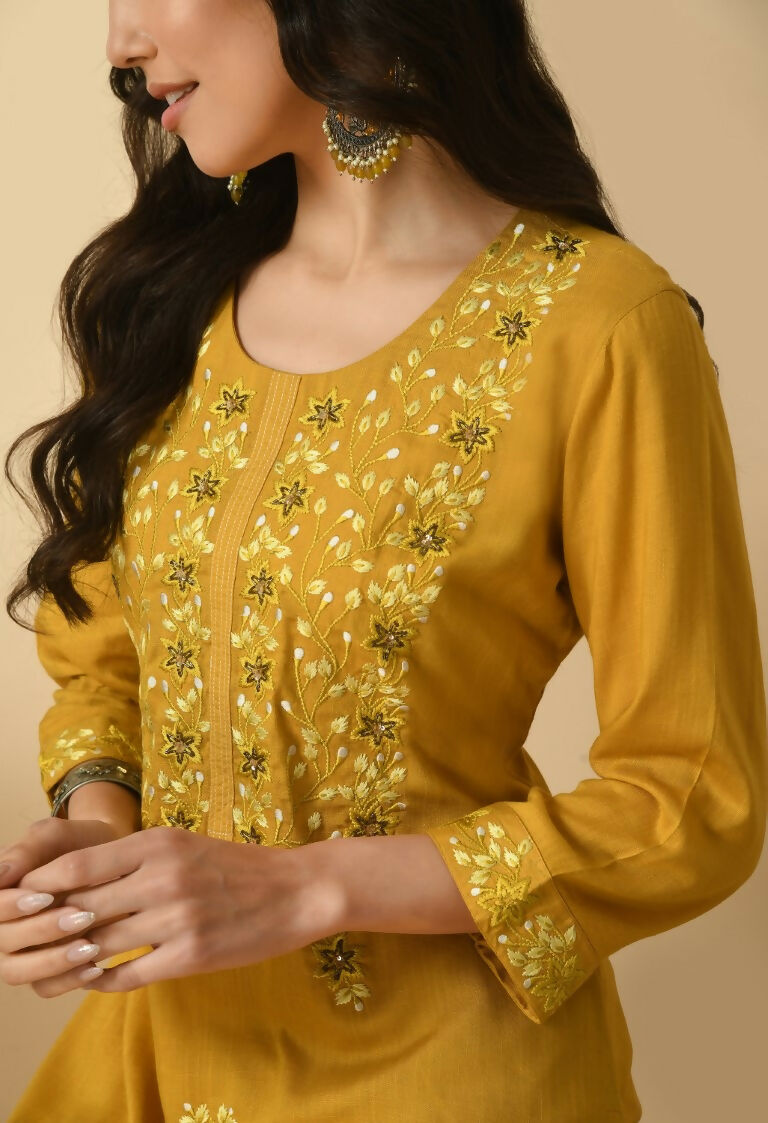 Mustard Cotton Rayon Kurta Set - Two Piece Women's Ethnic Wear