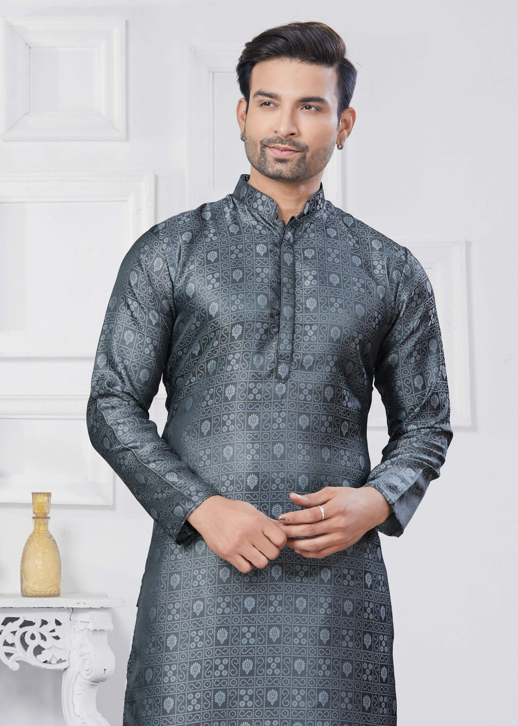 Men's Grey Jacquard Silk Kurta Pyjama Set - Traditional Ethnic Wear