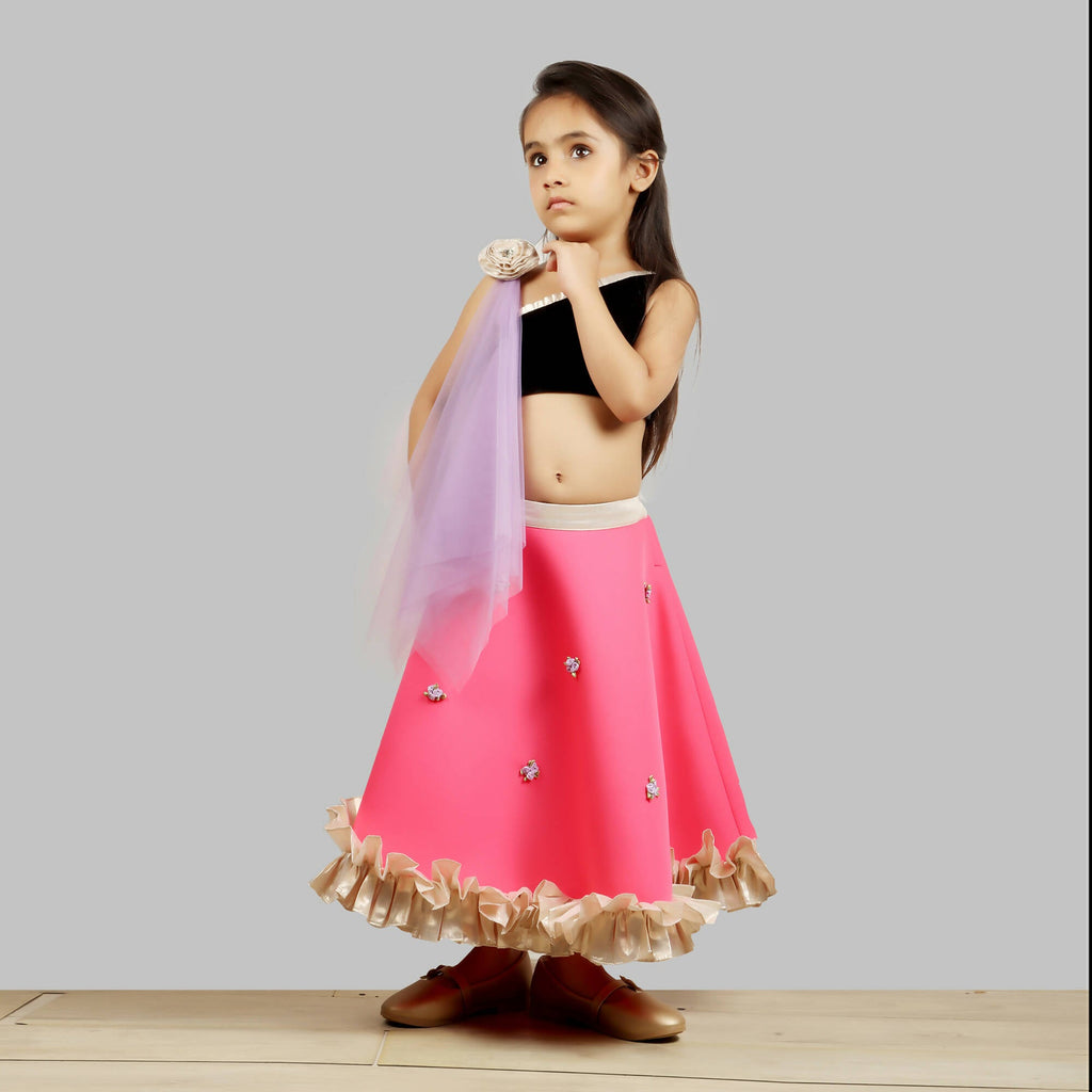 Black and Pink One Shoulder Ghagra Choli with Net Dupatta