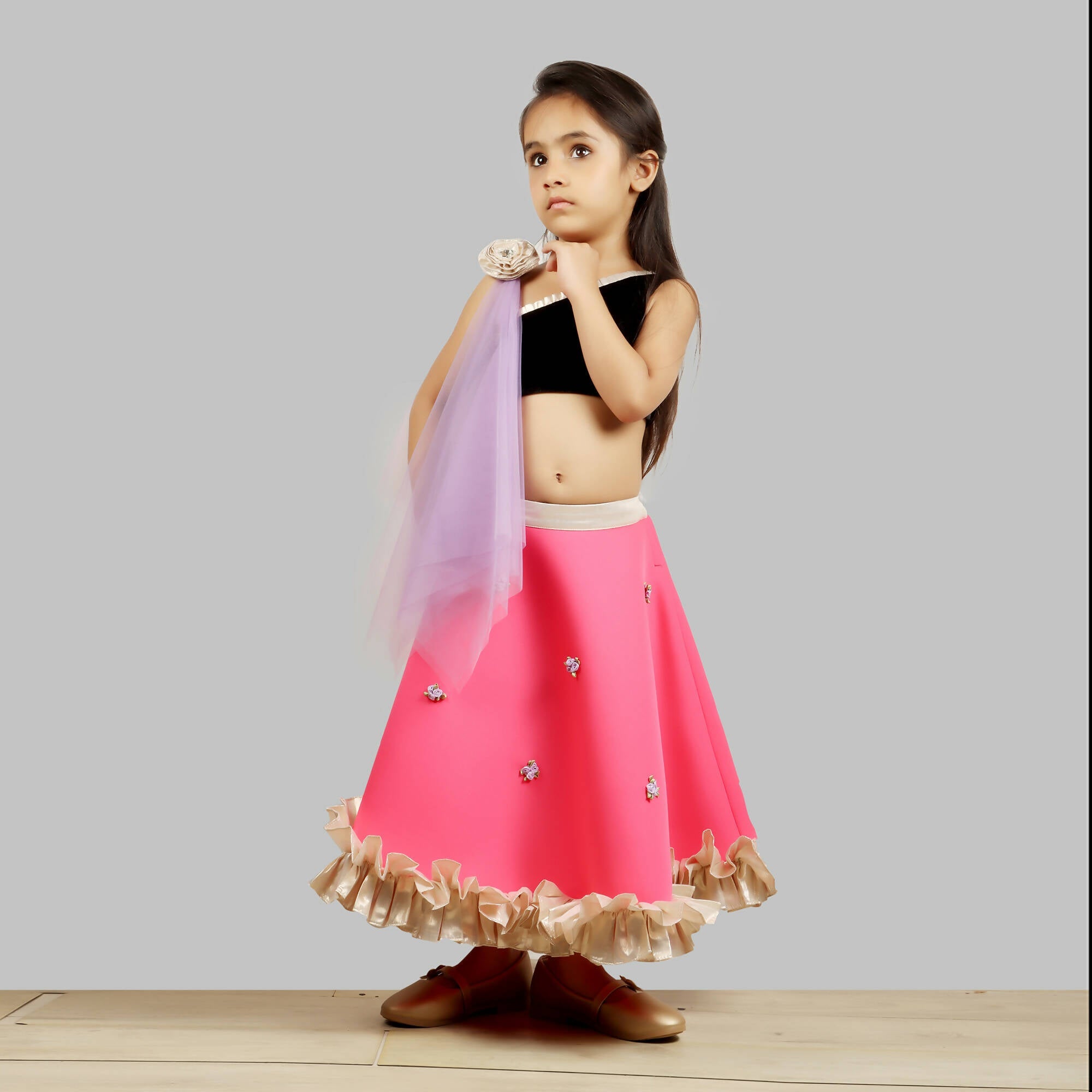 Black and Pink One Shoulder Ghagra Choli with Net Dupatta
