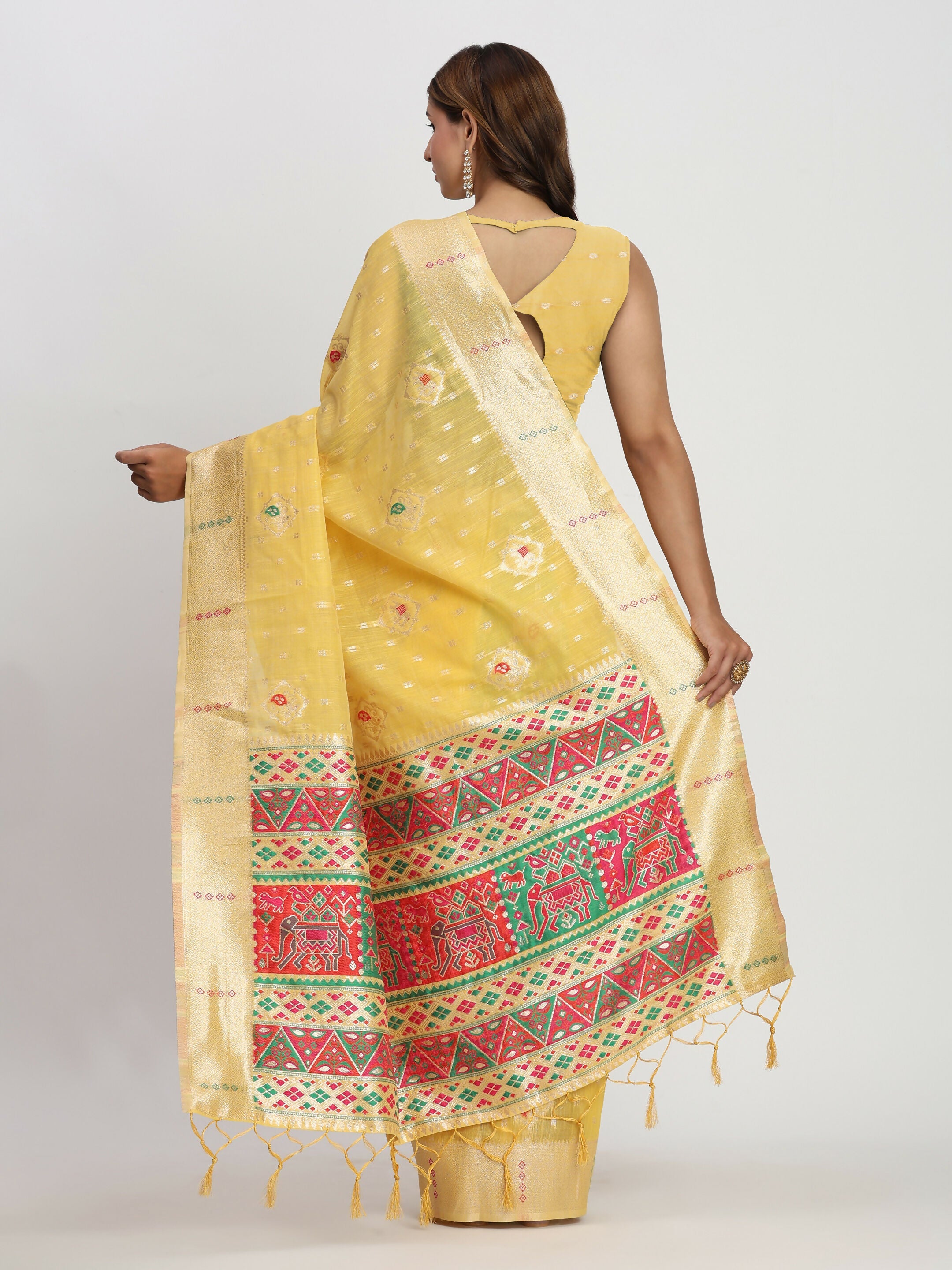 Yellow Linen Cotton Saree with Matching Blouse Piece