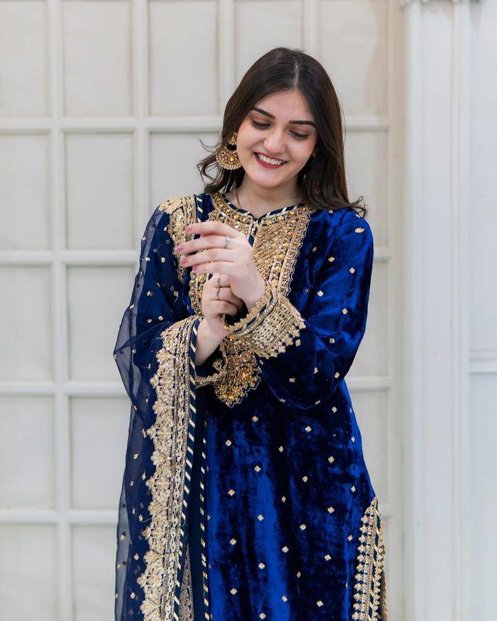 Prazu Fashion Blue Viscose Velvet Embroidered Sequins Salwar Suit