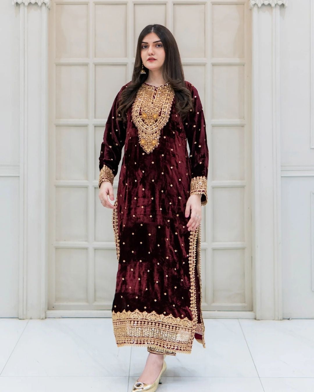 Maroon Viscose Velvet Sequins Embroidered Salwar Suit