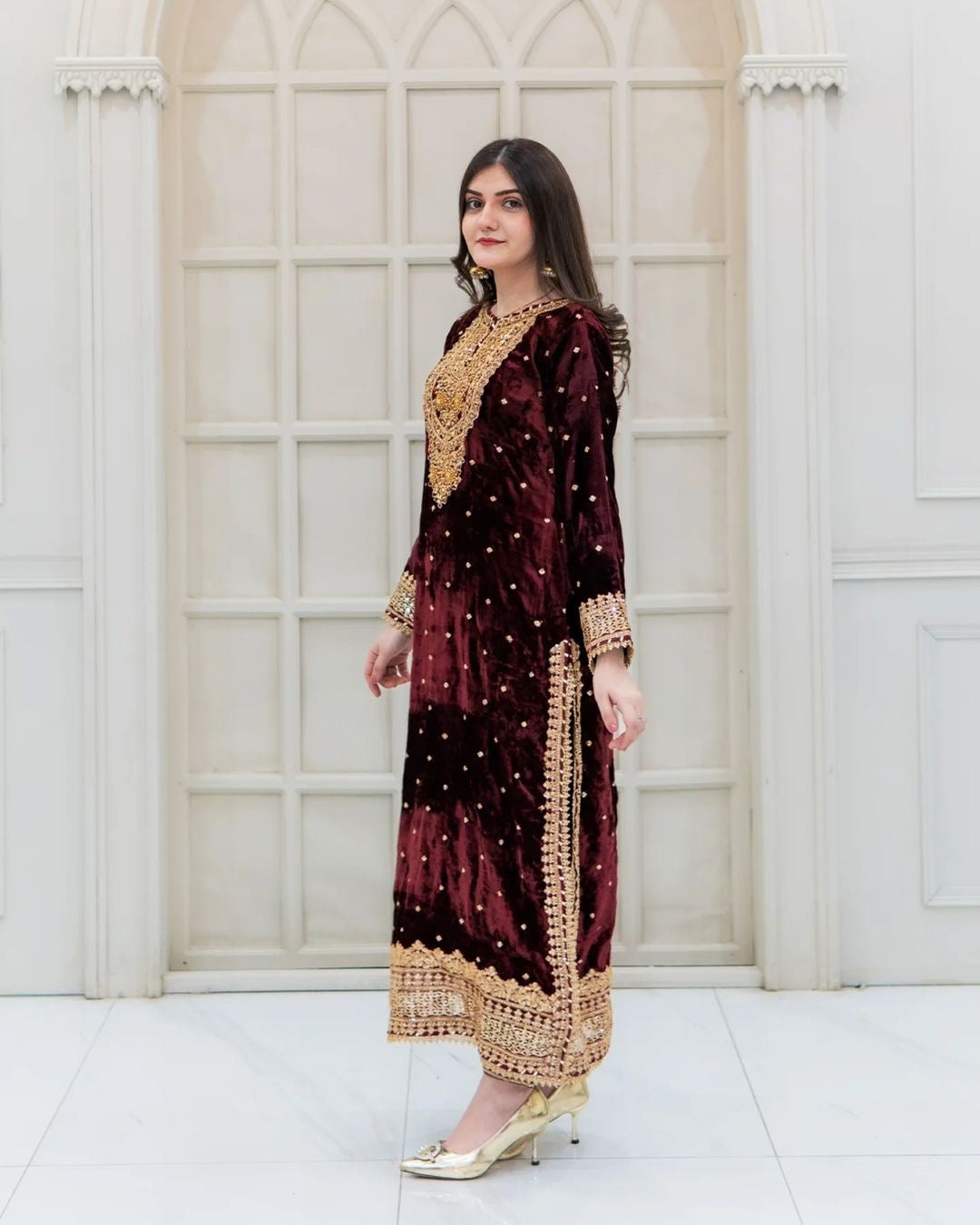 Maroon Viscose Velvet Sequins Embroidered Salwar Suit