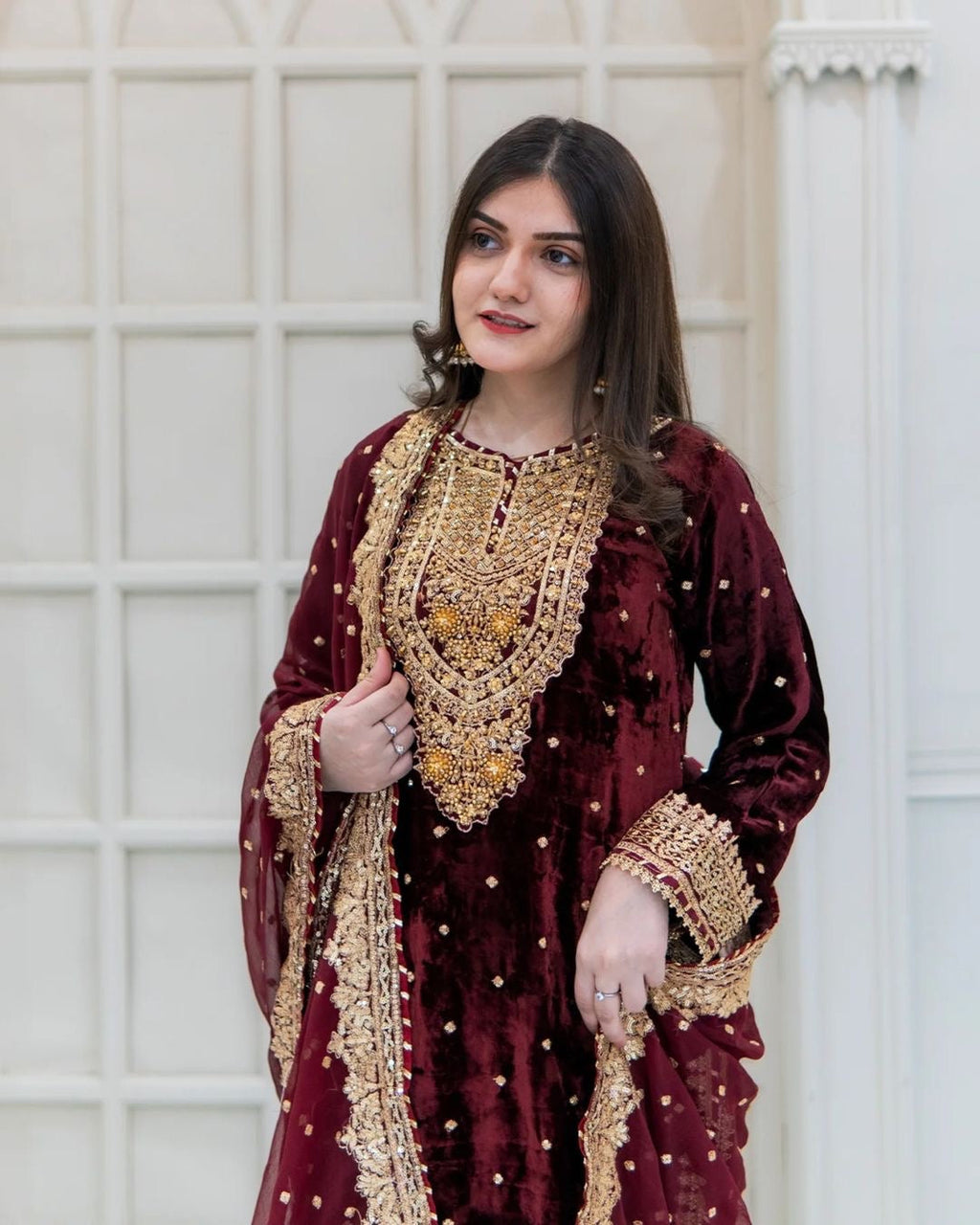 Maroon Viscose Velvet Sequins Embroidered Salwar Suit