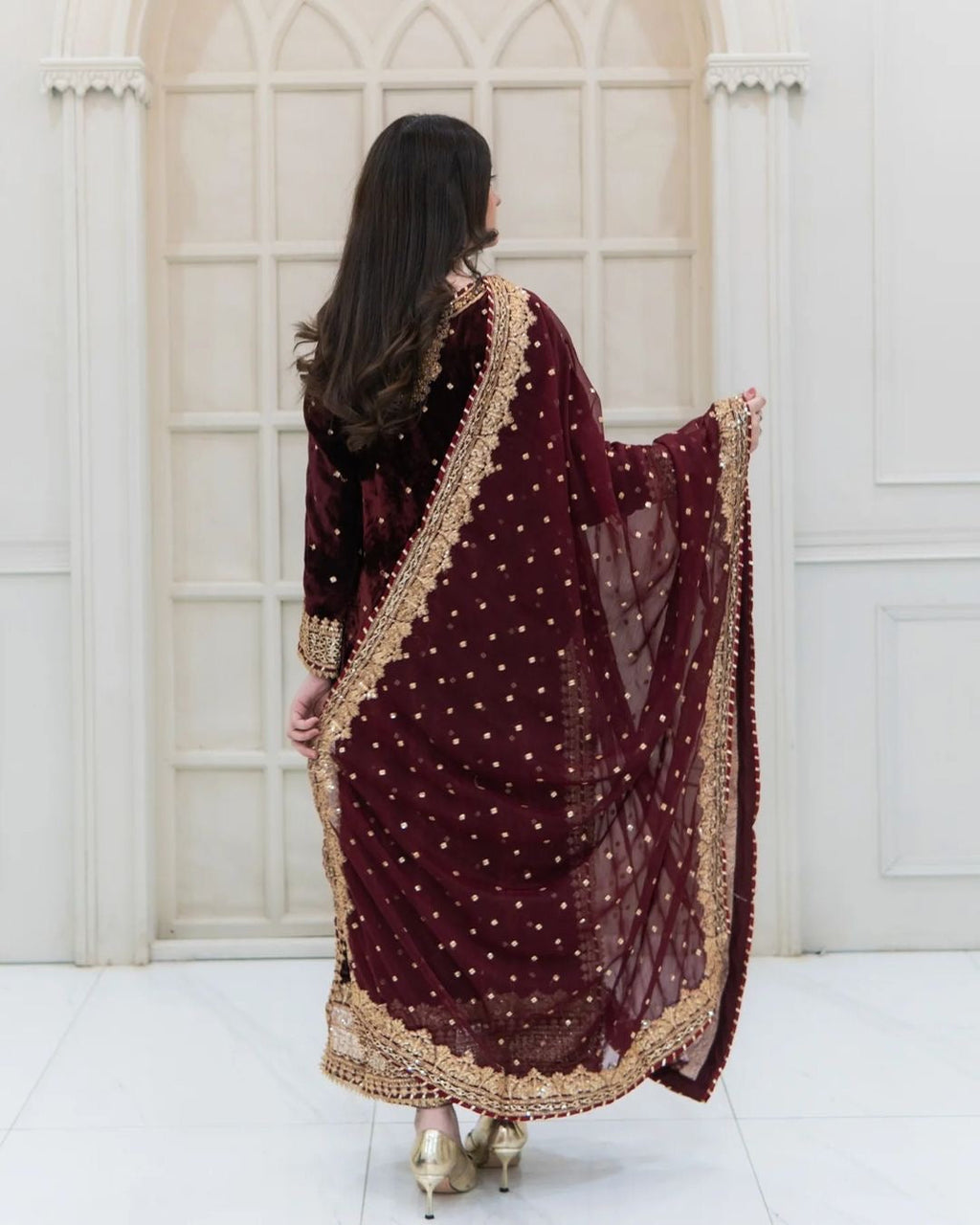 Maroon Viscose Velvet Sequins Embroidered Salwar Suit