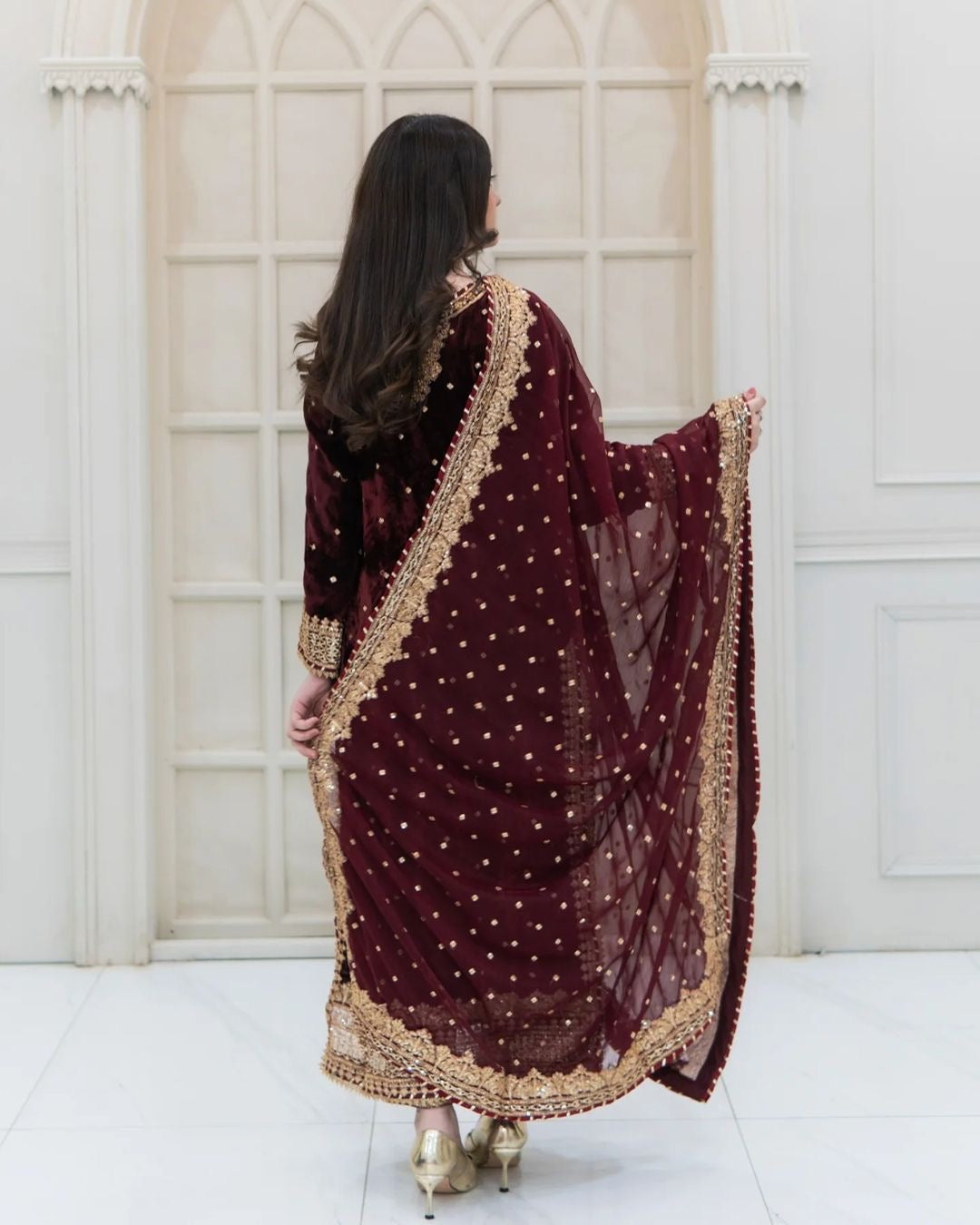 Maroon Viscose Velvet Sequins Embroidered Salwar Suit