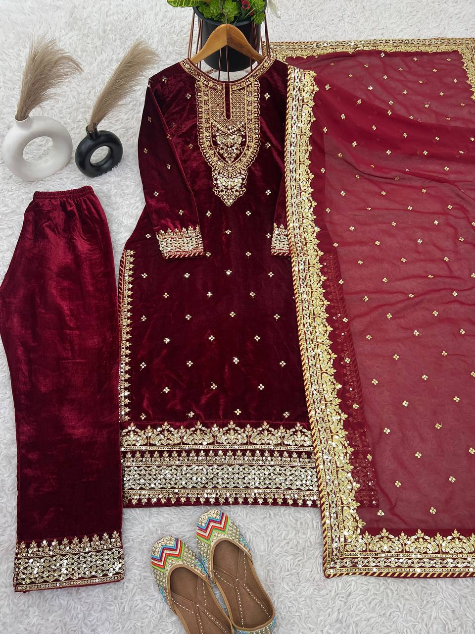 Maroon Viscose Velvet Sequins Embroidered Salwar Suit