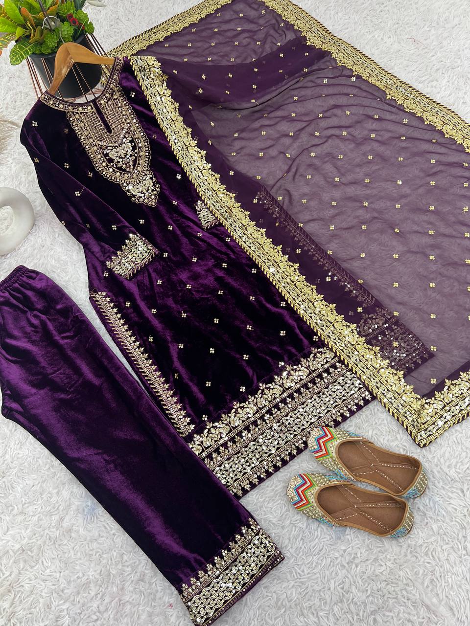 Prazu Fashion Purple Viscose Velvet Embroidered Sequins Salwar Suit