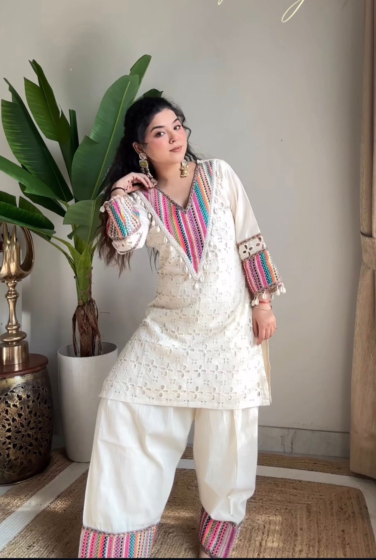 Off White Khadi Cotton Schiffli Work Co-Ord Set with Farsi Pant