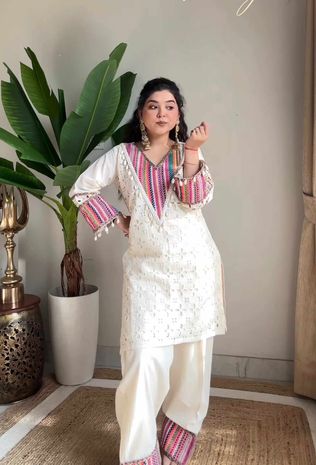 Off White Khadi Cotton Schiffli Work Co-Ord Set with Farsi Pant