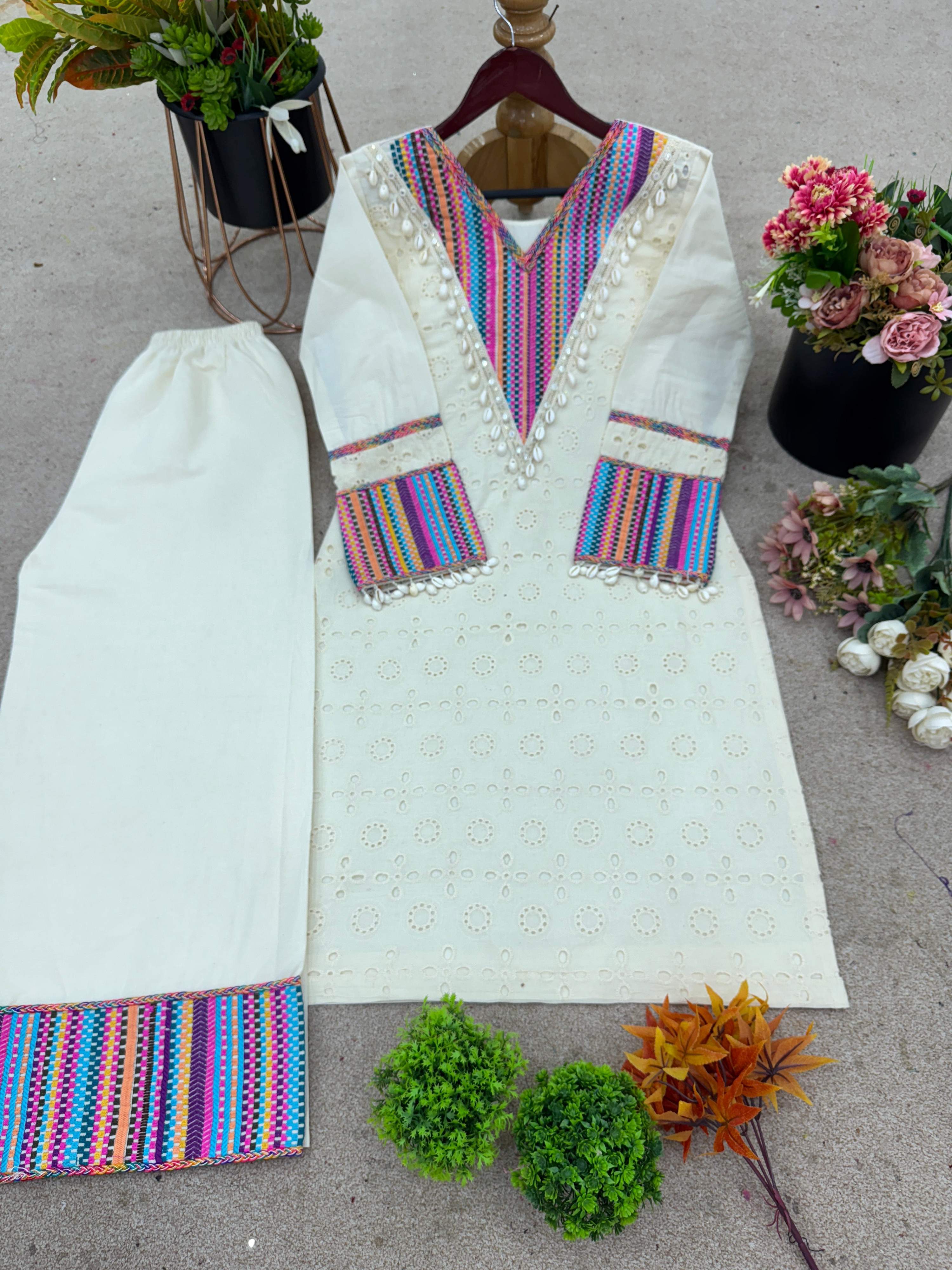Off White Khadi Cotton Schiffli Work Co-Ord Set with Farsi Pant