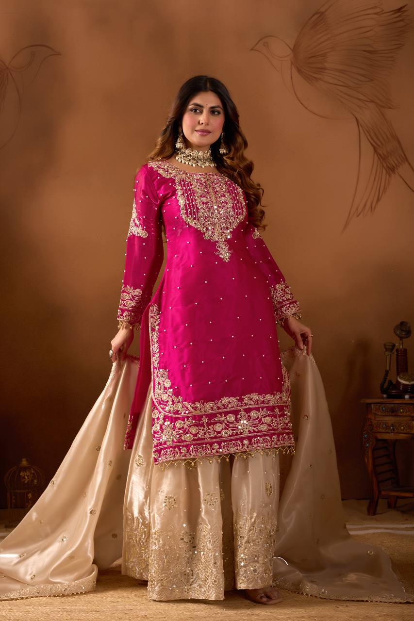 Pink Silk Embroidered Palazzo Suit with Rivet Moti Work