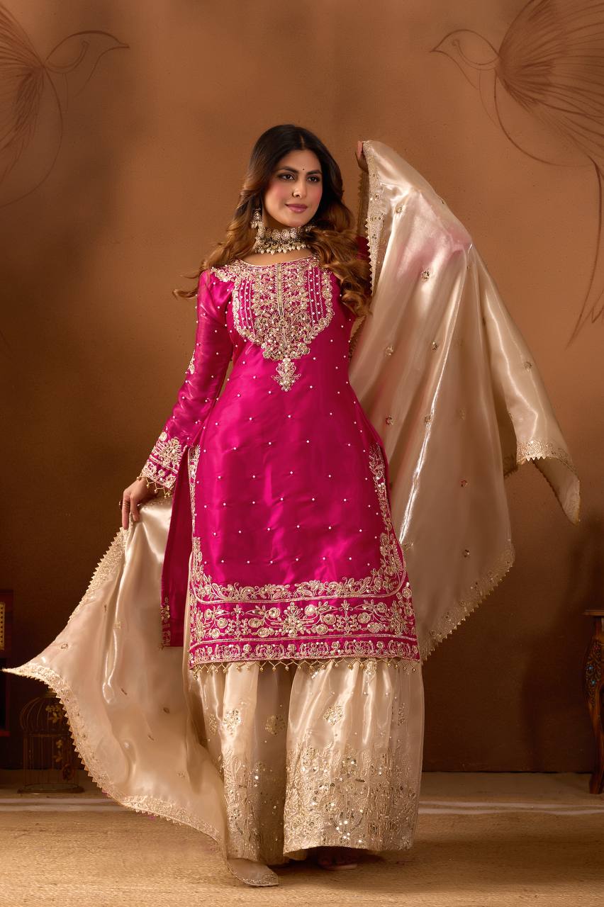 Pink Silk Embroidered Palazzo Suit with Rivet Moti Work