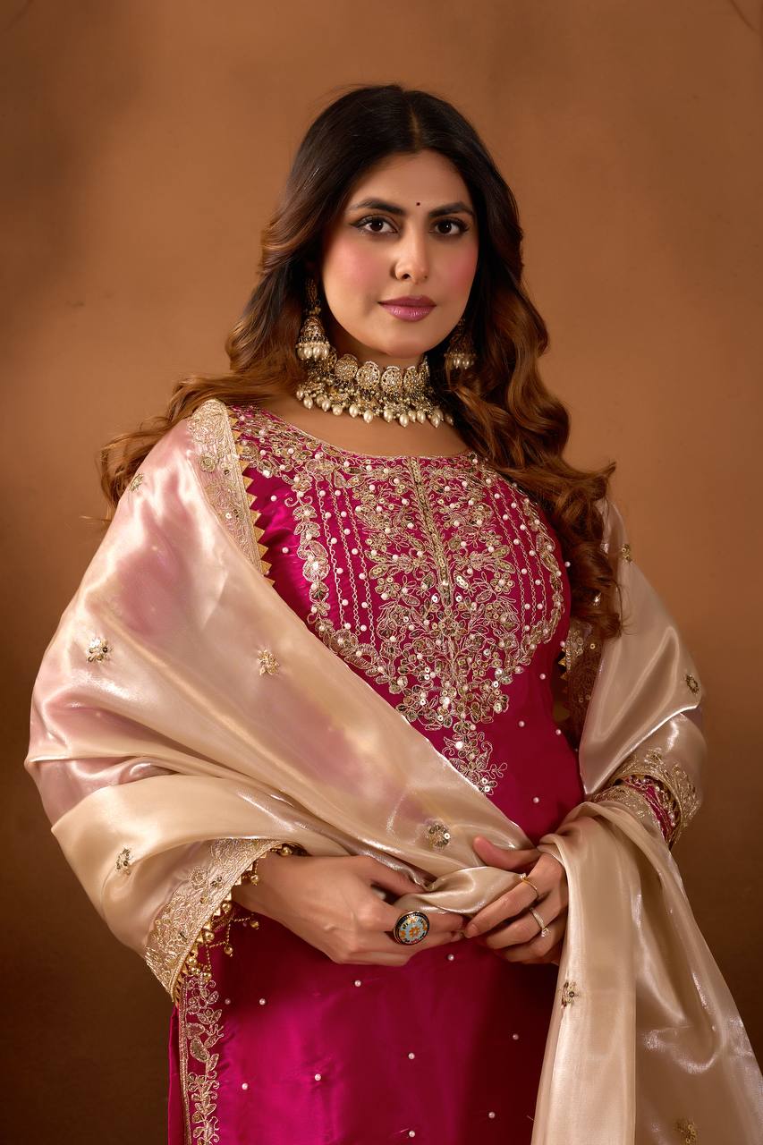 Pink Silk Embroidered Palazzo Suit with Rivet Moti Work