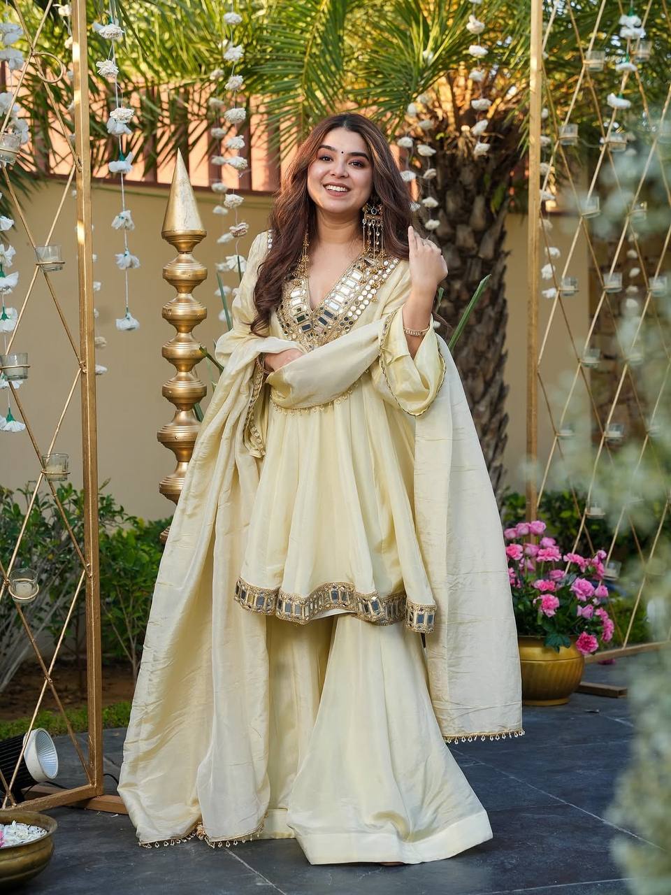 Off White Cosmos Zari Silk Mirror Work Palazzo Suit