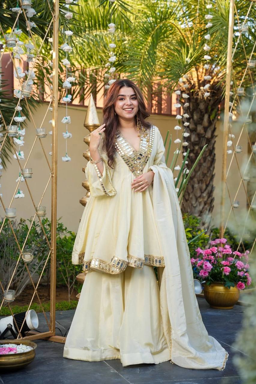 Off White Zari Silk Palazzo Suit with mirror work and full sleeves