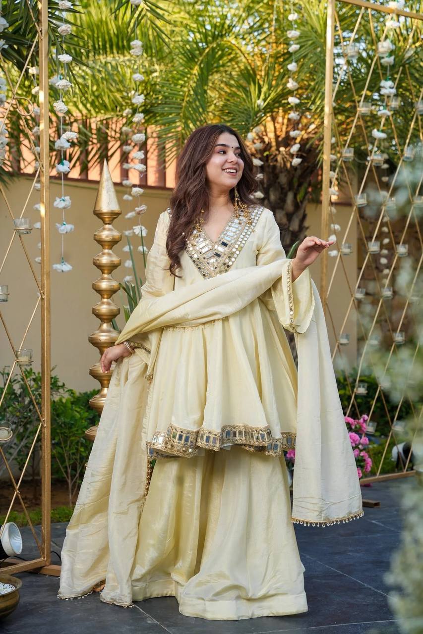 Off White Cosmos Zari Silk Mirror Work Palazzo Suit