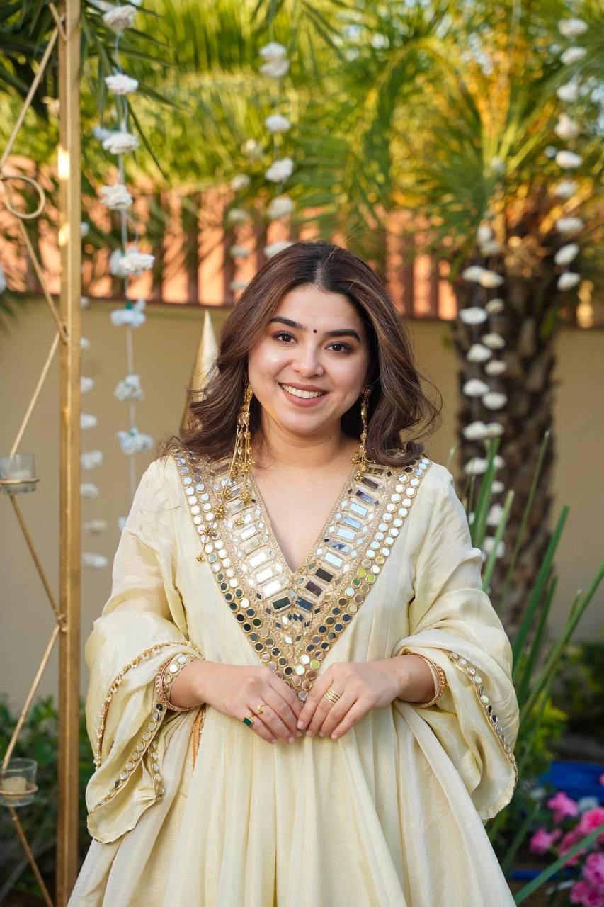Off White Zari Silk Palazzo Suit with Mirror and Thread Work