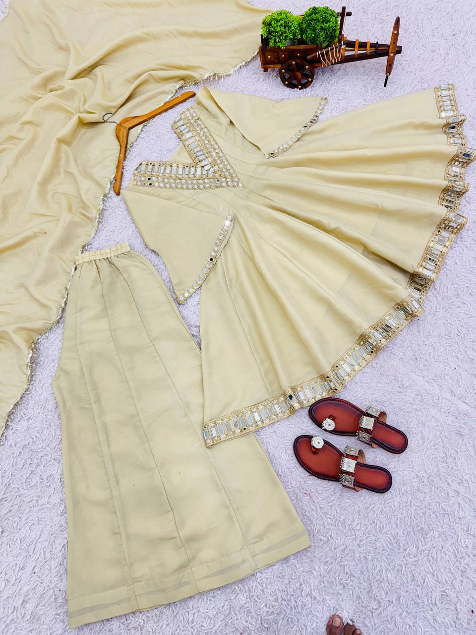 Off White Zari Silk Palazzo Suit with Mirror and Thread Work