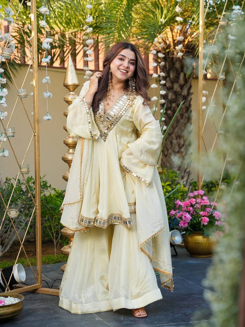 Off White Zari Silk Palazzo Suit with Mirror and Thread Work