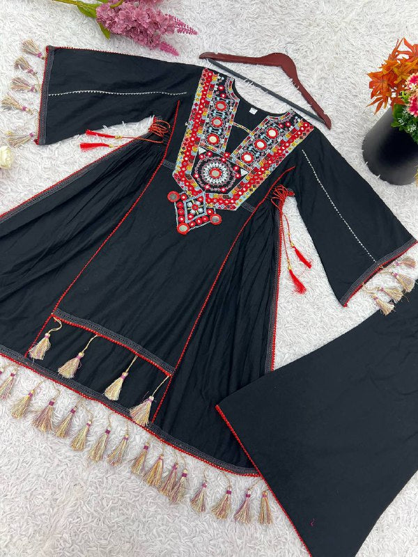 Black Khadi Cotton Palazzo Suit with Mirror and Embroidery Work