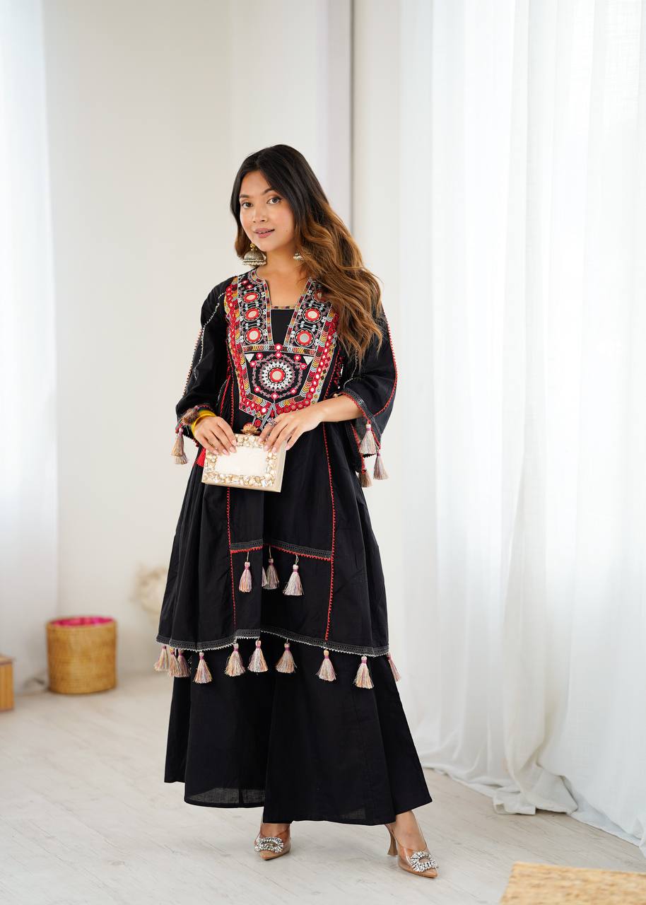 Black Khadi Cotton Palazzo Suit with Mirror and Embroidery Work