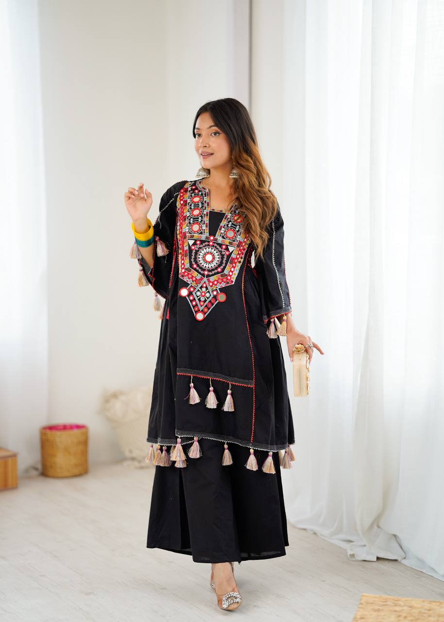 Black Khadi Cotton palazzo suit with embroidered sequin and mirror work