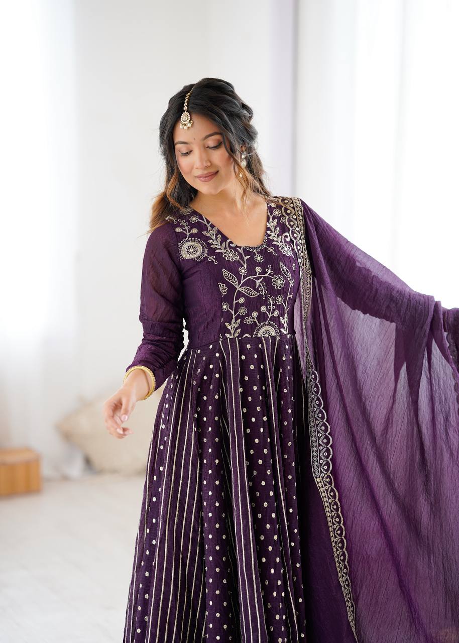 Prazu Fashion Dark Purple Crunchy Silk Embroidered Sequence Anarkali Gown